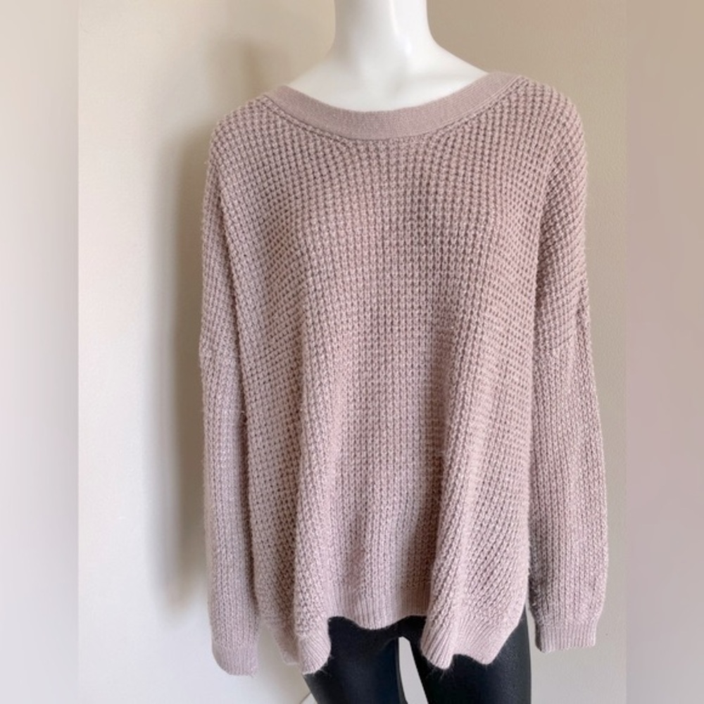 Easel Knit Oversized Soft Sweater Criss Cross Back Beige Size M/L